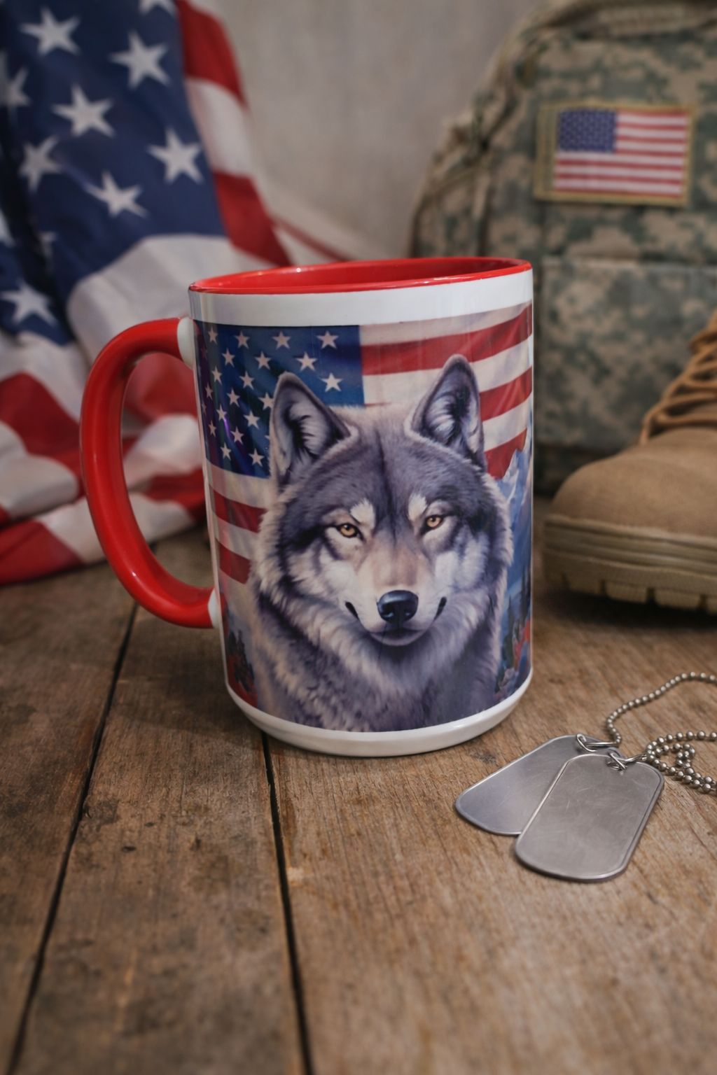 Tasse 15 oz Loup Patriote & Moto – Style liberté et aventure