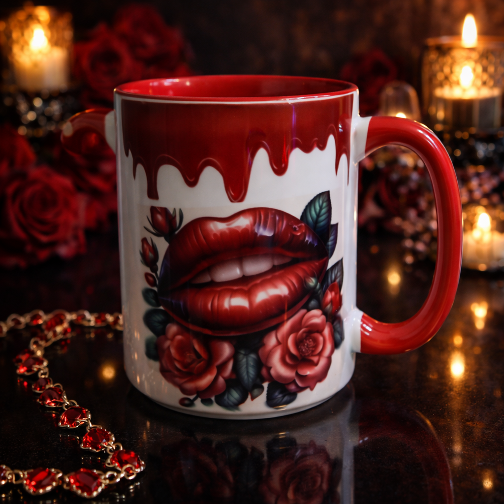 Tasse Passion Rouge – Lèvres Sensuelles & Roses 15 oz
