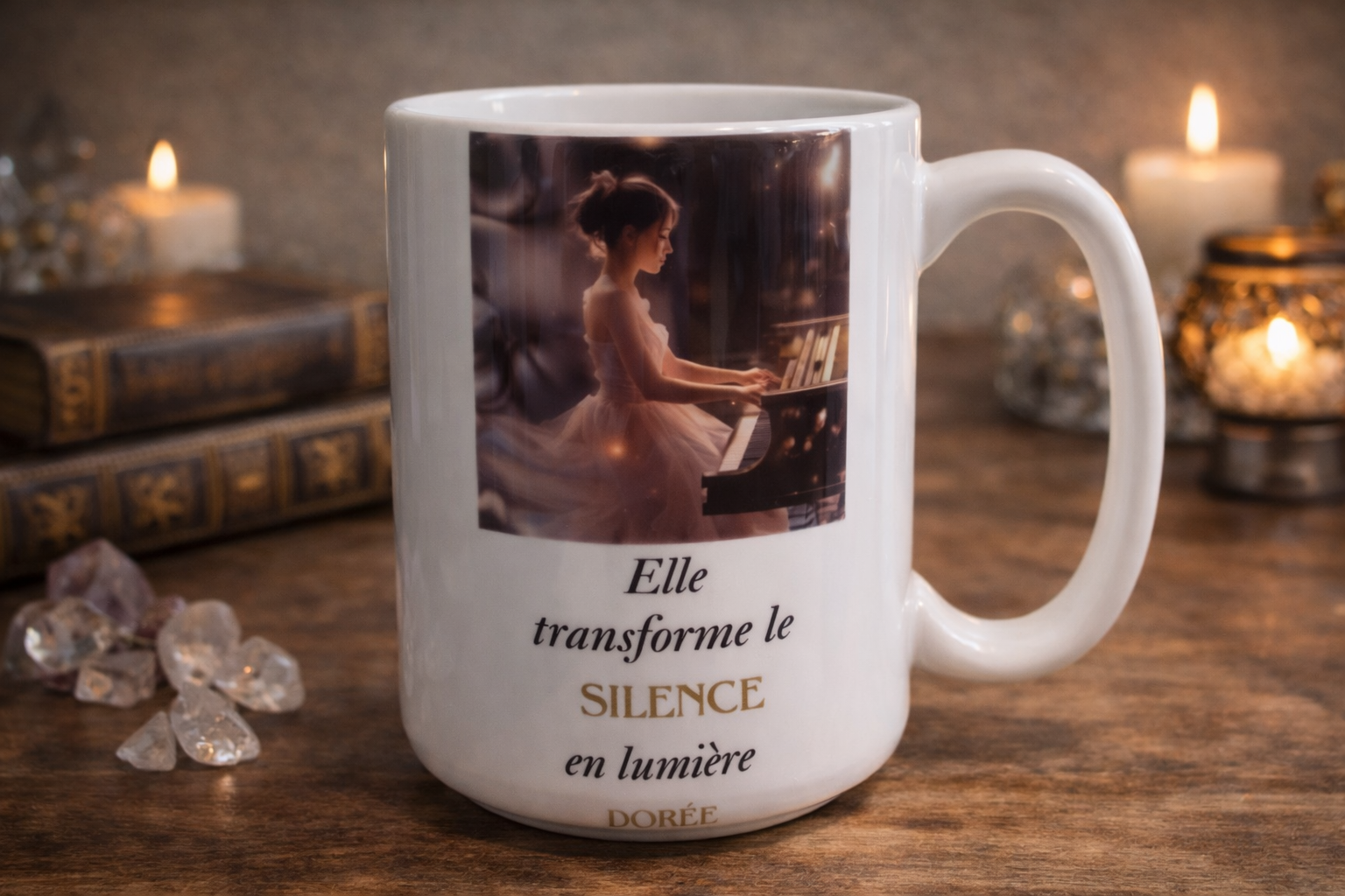 Tasse artistique « Elle transforme le silence en lumière dorée » – 15 oz