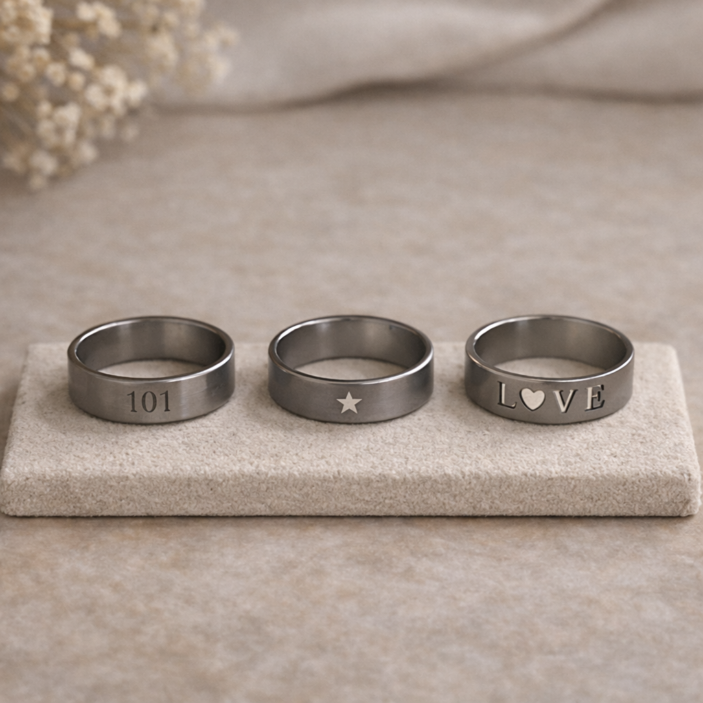 Bague acier inoxydable gravée – Modèles 101, étoile et LOVE grandeur 19