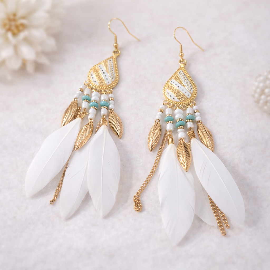 Boucles d’oreilles bohèmes plumes blanches – Acier inoxydable