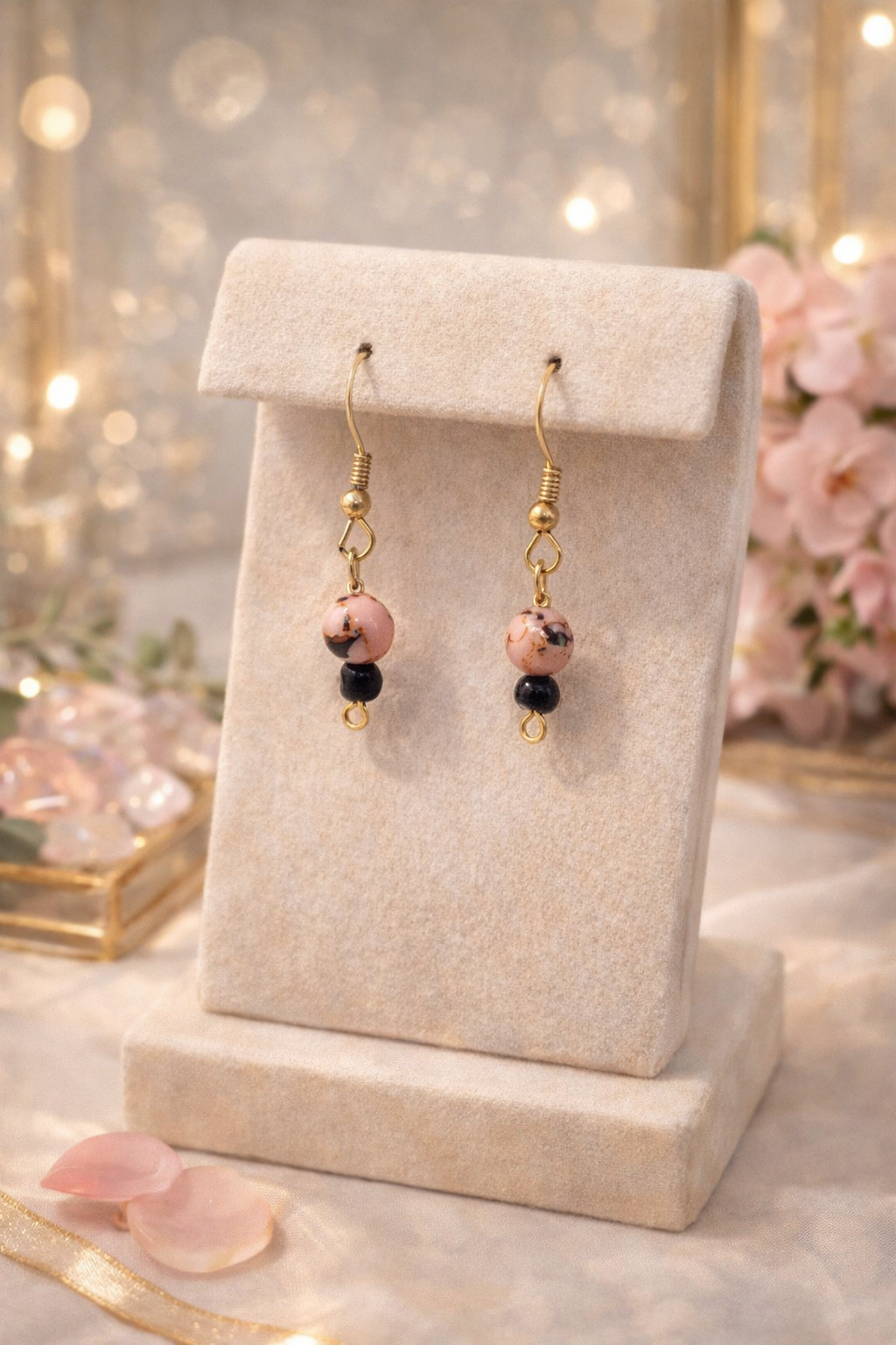 Collier et boucles d’oreilles perles noires et roses – acier inoxydable 50 cm