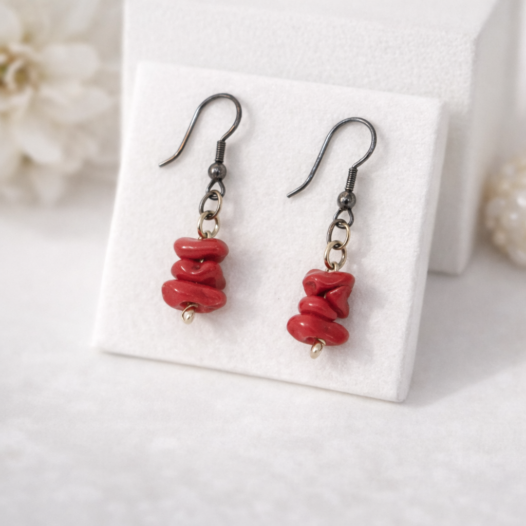 Boucles d’oreilles perles rouges naturelles – Acier inoxydable