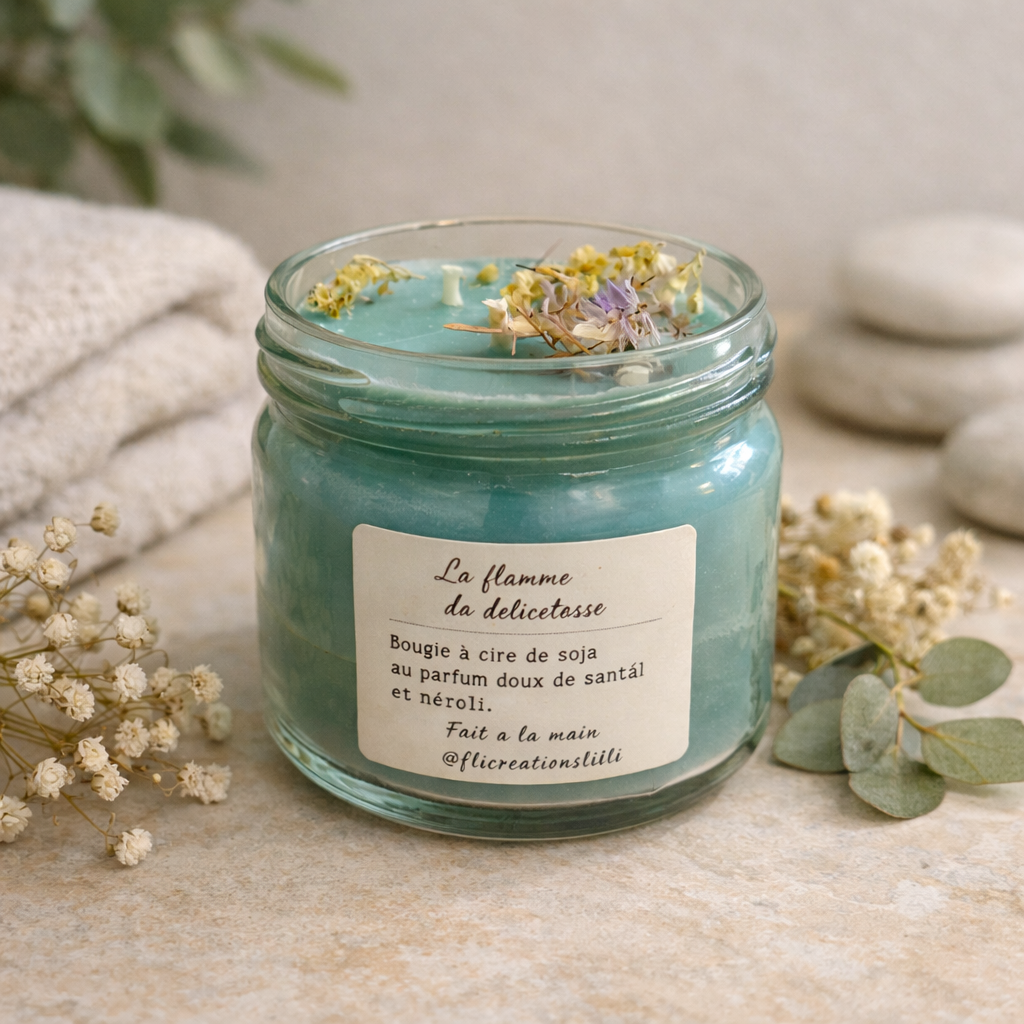Bougie artisanale cire de soja 300 g – Bois de santal & Menthe | F.liLi Créations