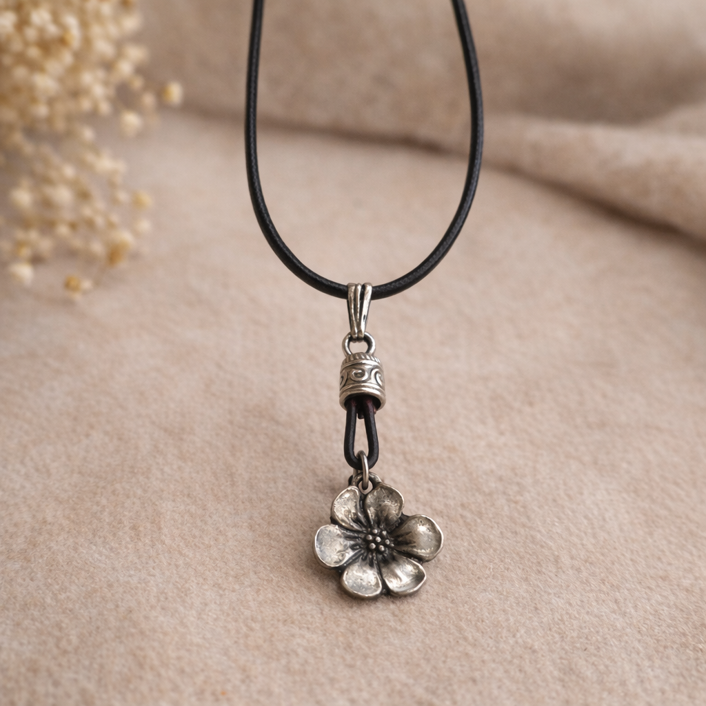 Collier fleur vintage – Pendentif argenté sur cordon noir