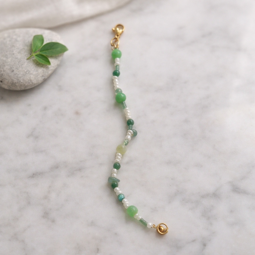 Bracelet perles vertes naturelles 19 cm – Élastique avec attache stainless