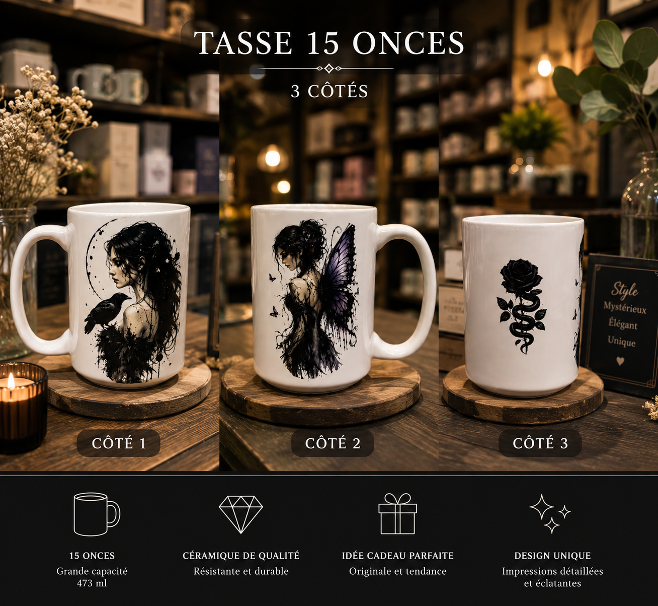 Tasse Gothique Mystique 15 oz – Femme Corbeau & Fée Noire