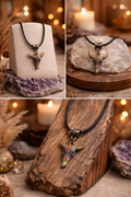 Collier tête de taureau bohème – pendentif mystique coloré