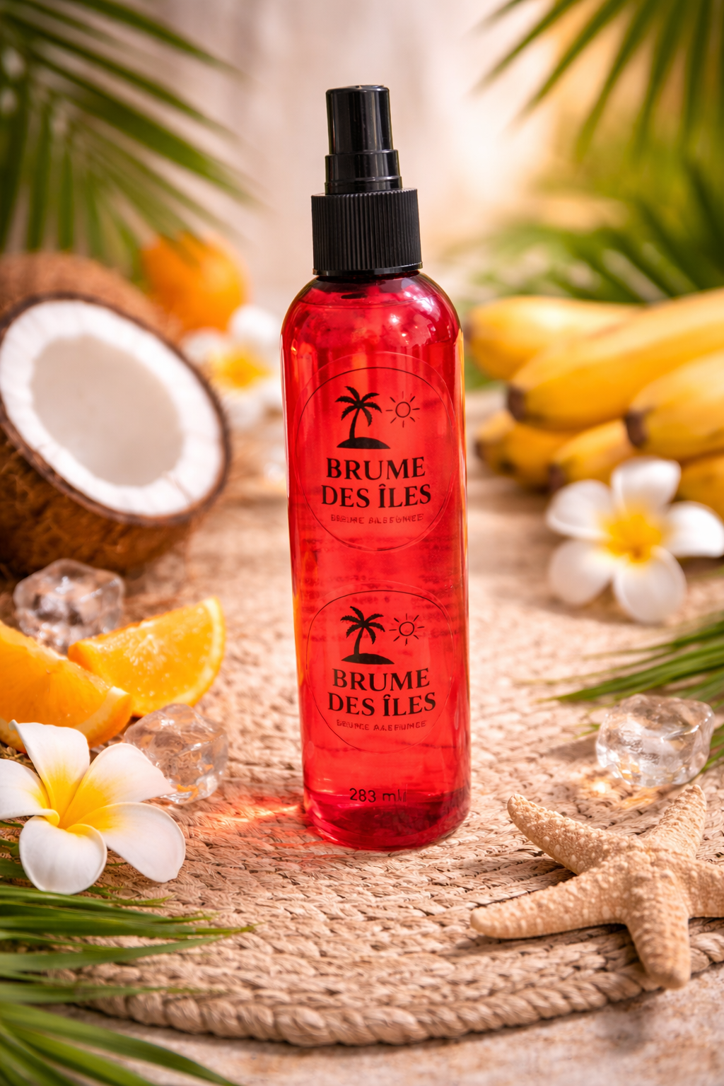 Nom du produit : Brume des îles
Brume corporelle tropicale Coco, Banane & Mandarine – 250 ml