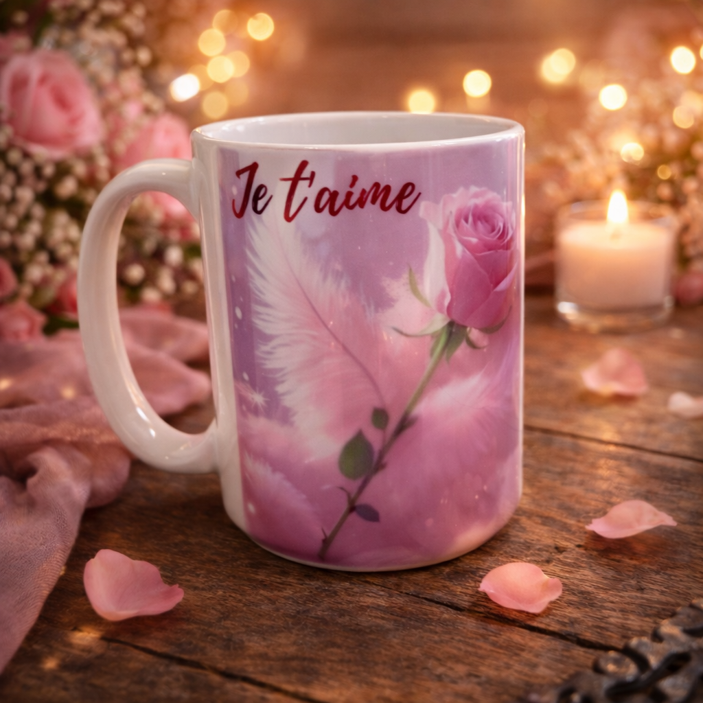 Tasse « Je t’aime » 15 oz – Rose romantique