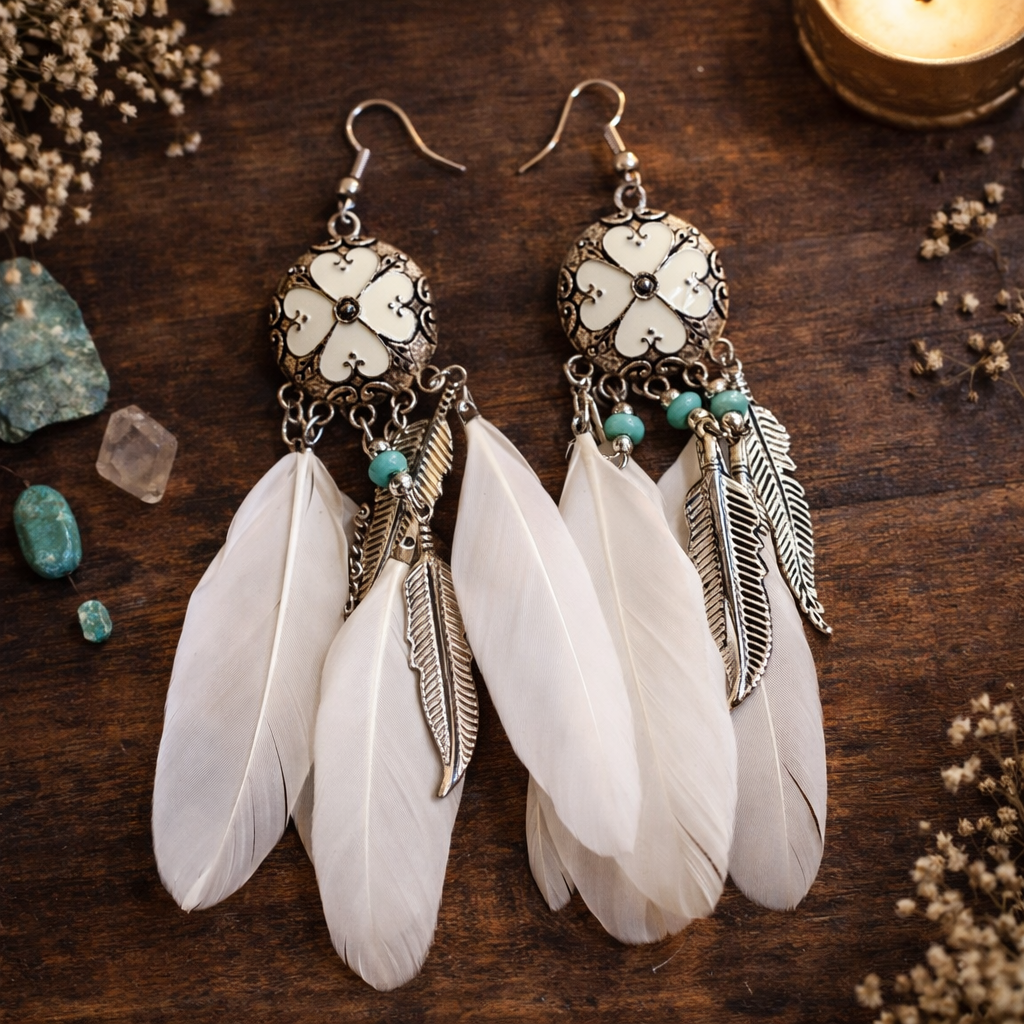 Boucles d’oreilles Bohème Plume Blanche