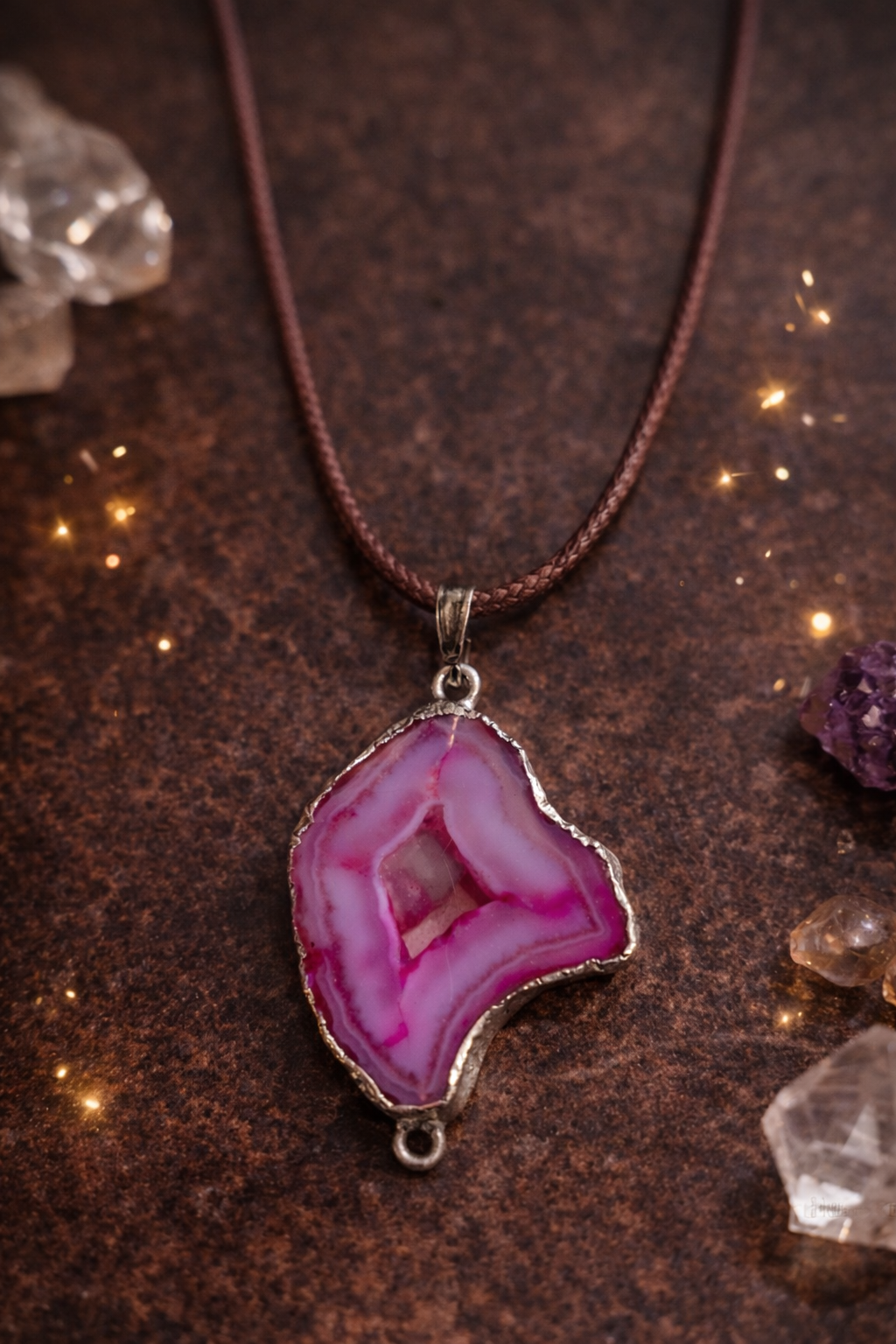 Collier pierre naturelle rose – pendentif agate avec chaîne inox 45 cm