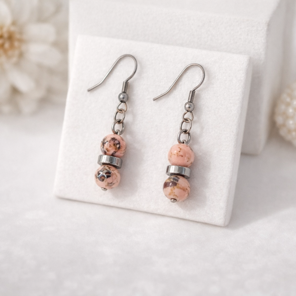 Boucles d’oreilles perles marbrées roses – Acier inoxydable