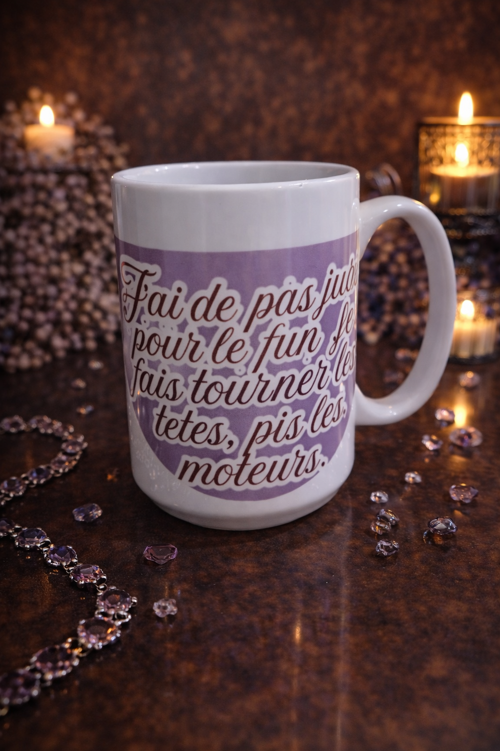 Tasse Motarde Rebelle – « J’fais pas juste le fun, je fais tourner les têtes pis les moteurs » – 15 oz