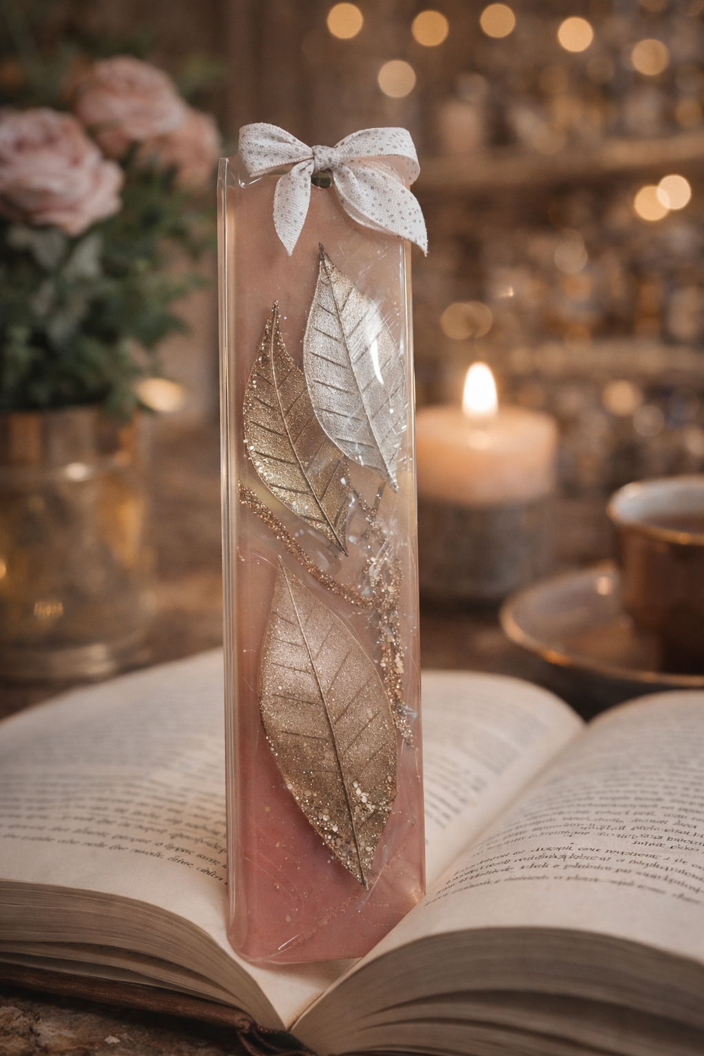 Nom du produit
Signet artisanal feuilles dorées en résine – Marque-page élégant 19 cm