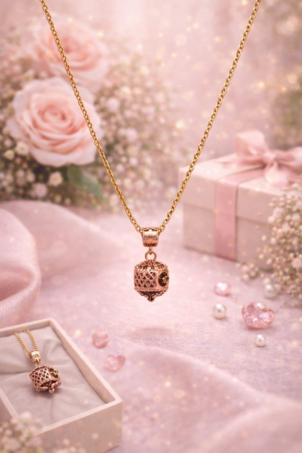 Chaîne  “Secret Rosé” – Pendentif Dentelle Dorée en Acier Inoxydable