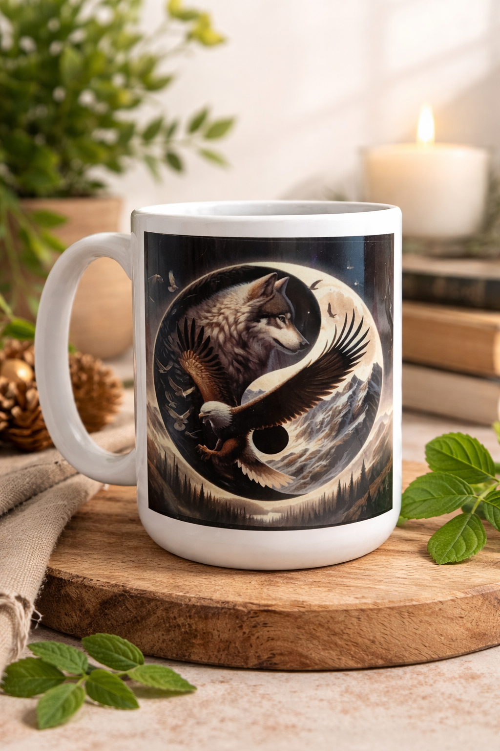 Tasse 15 oz Sublimée Loup & Aigle Yin Yang – Grande Tasse Spirituelle Nature
