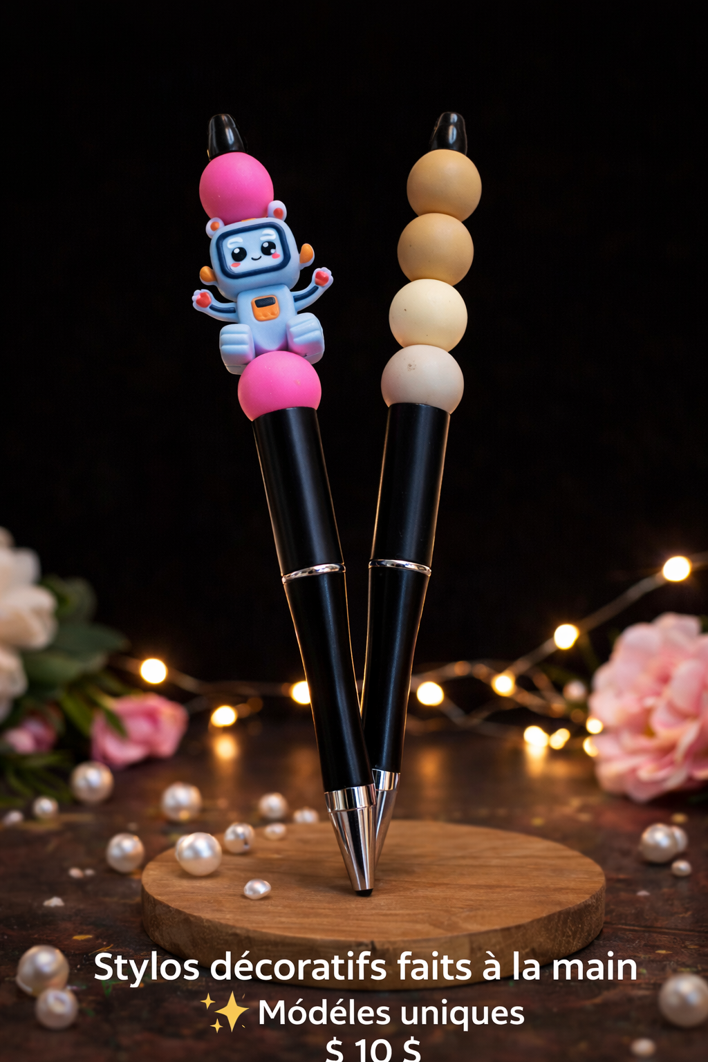 Stylo décoratif perlé – encre noire (modèles fantaisie)