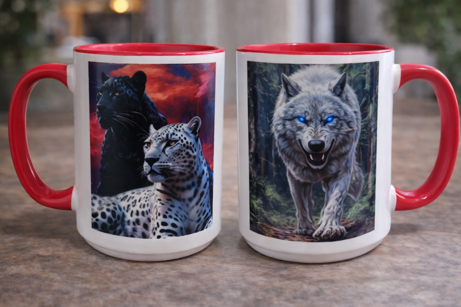 Tasse 15 onces – Loup mystique et félins sauvages