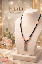 Collier et boucles d’oreilles perles noires et roses – acier inoxydable 50 cm