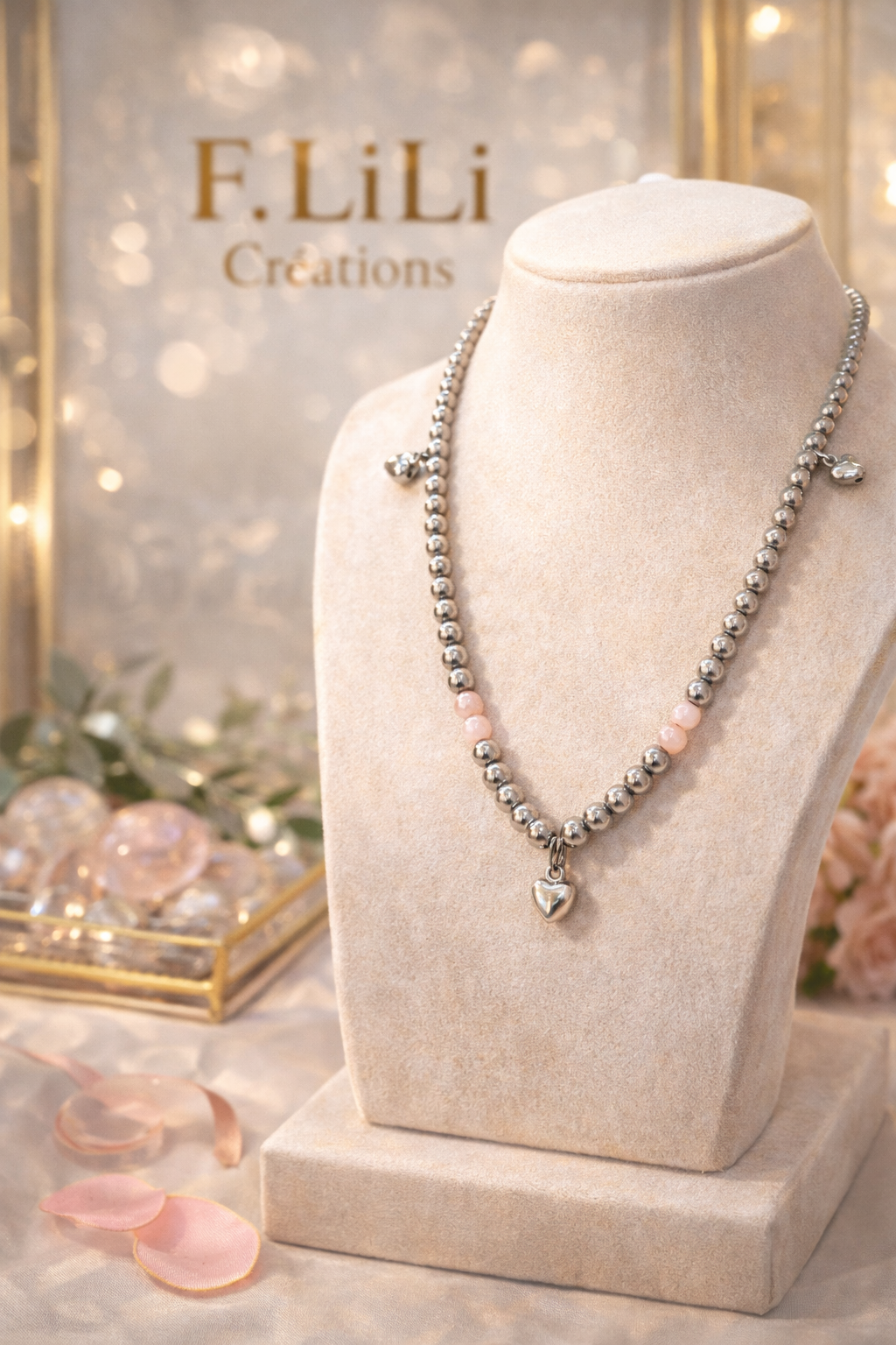 Collier perles argentées avec cœur – acier inoxydable 46 cm