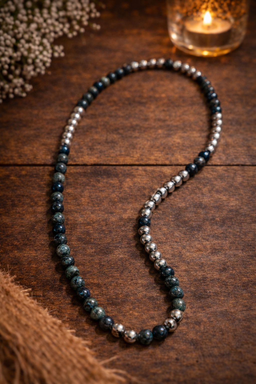 Collier Perles Minérales Vert Foncé & Argent – Élégance Naturelle 52 cm