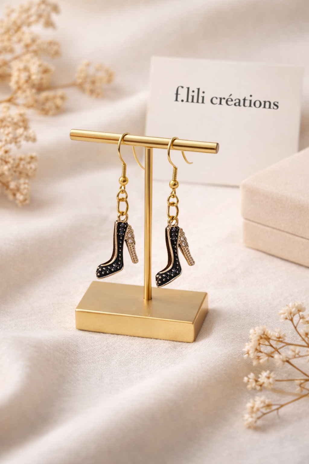 Boucle d'oreille soulier noir argent