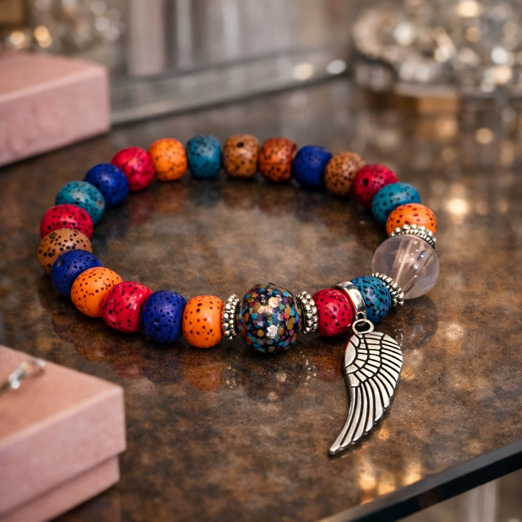 Bracelet Élastique Perles Colorées – Charme Aile Spirituelle