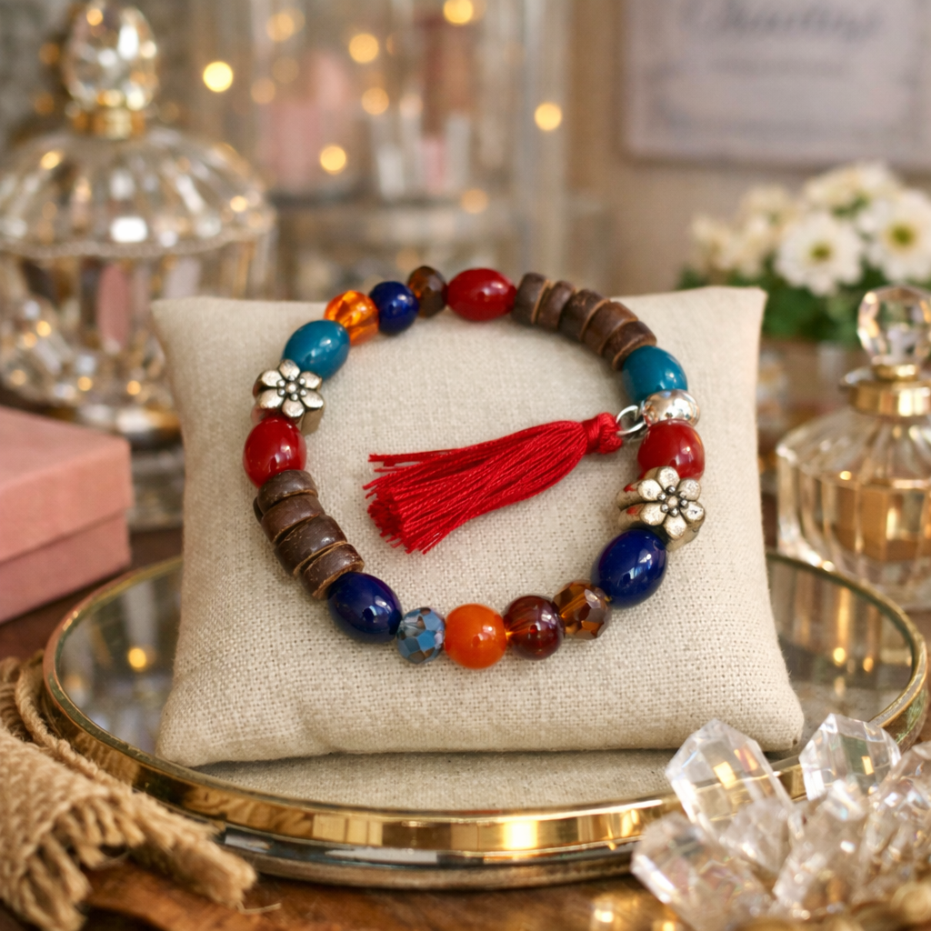 Bracelet Bohème Perles Multicolores – Pompon Rouge Élégant