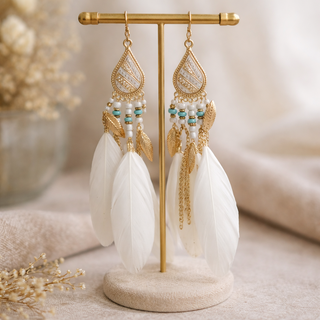 Boucles d’oreilles bohèmes plumes blanches – Acier inoxydable