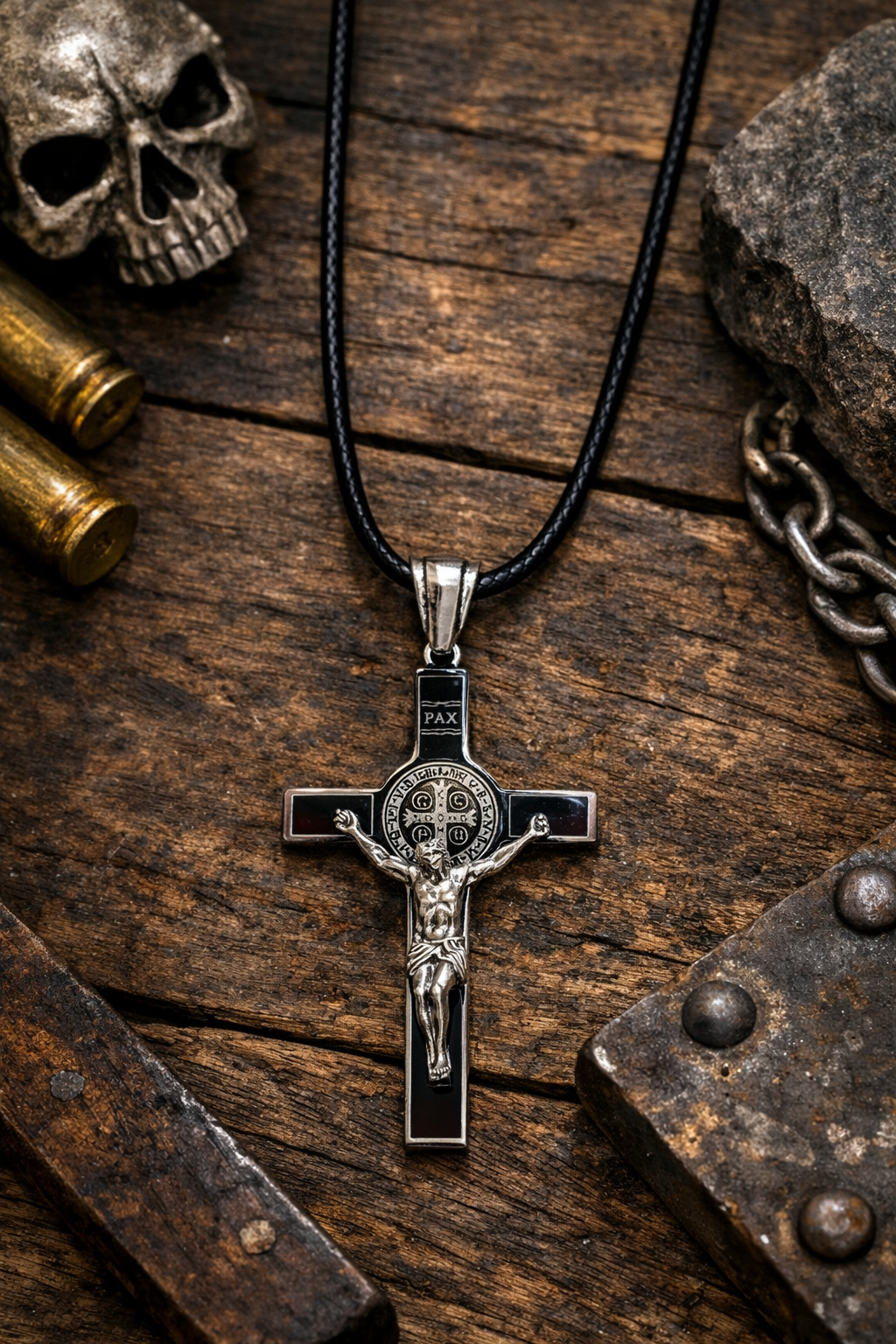 Collier croix Saint-Benoît en acier inoxydable – pendentif religieux