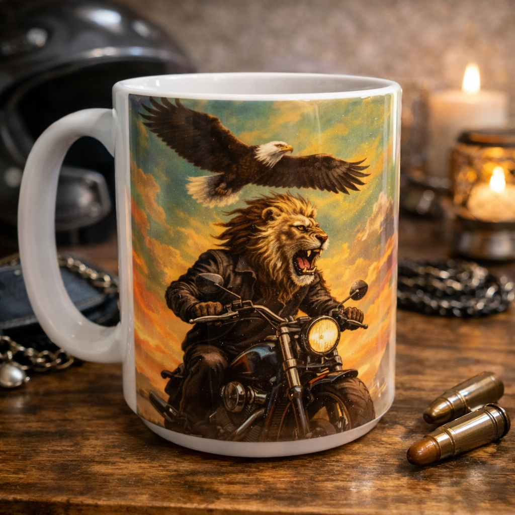 Tasse Lion Biker – Esprit Libre et Puissance Sauvage (15 oz)