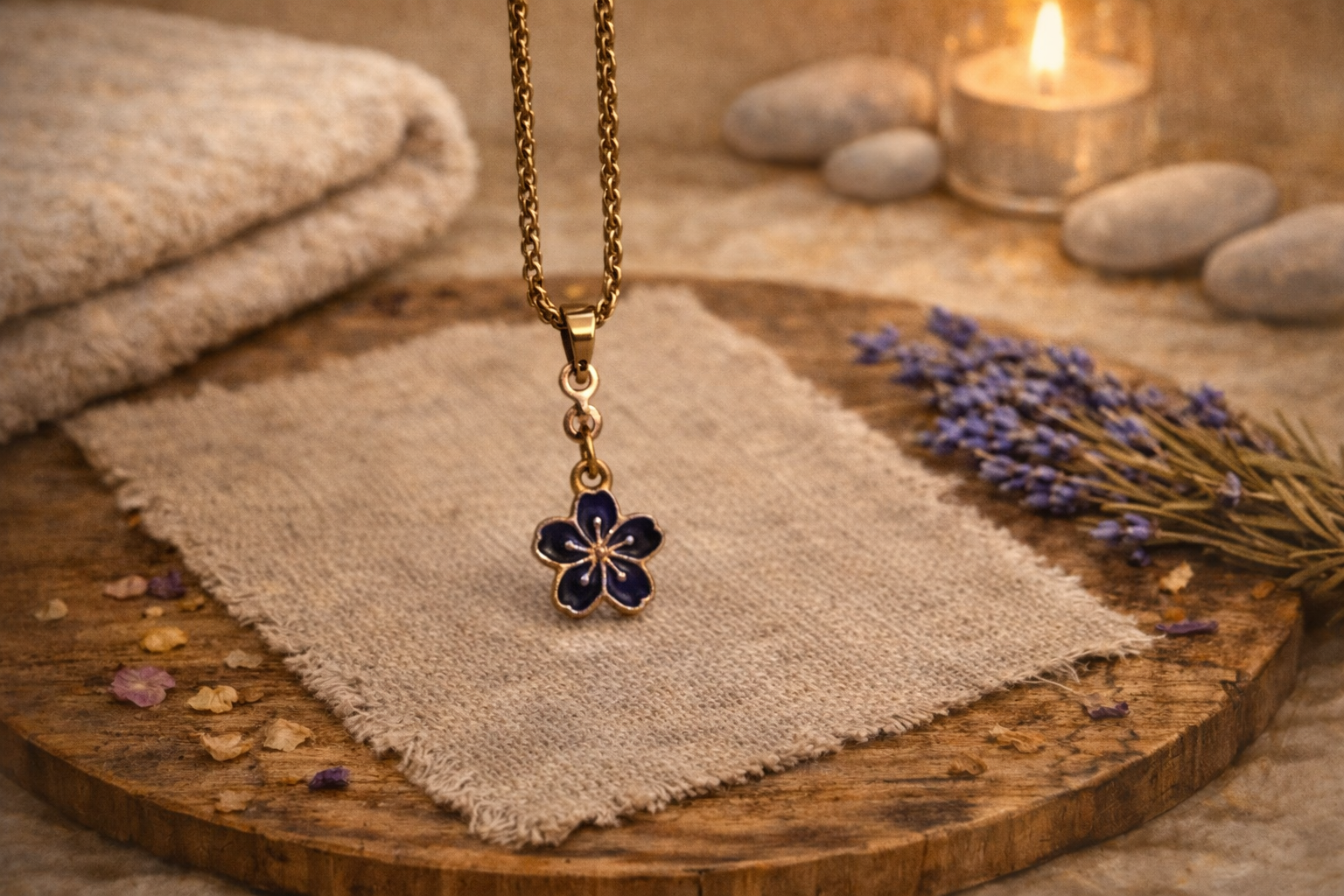 Collier fleur bleu en acier inoxydable – Chaîne 48 cm | F.lili Créations