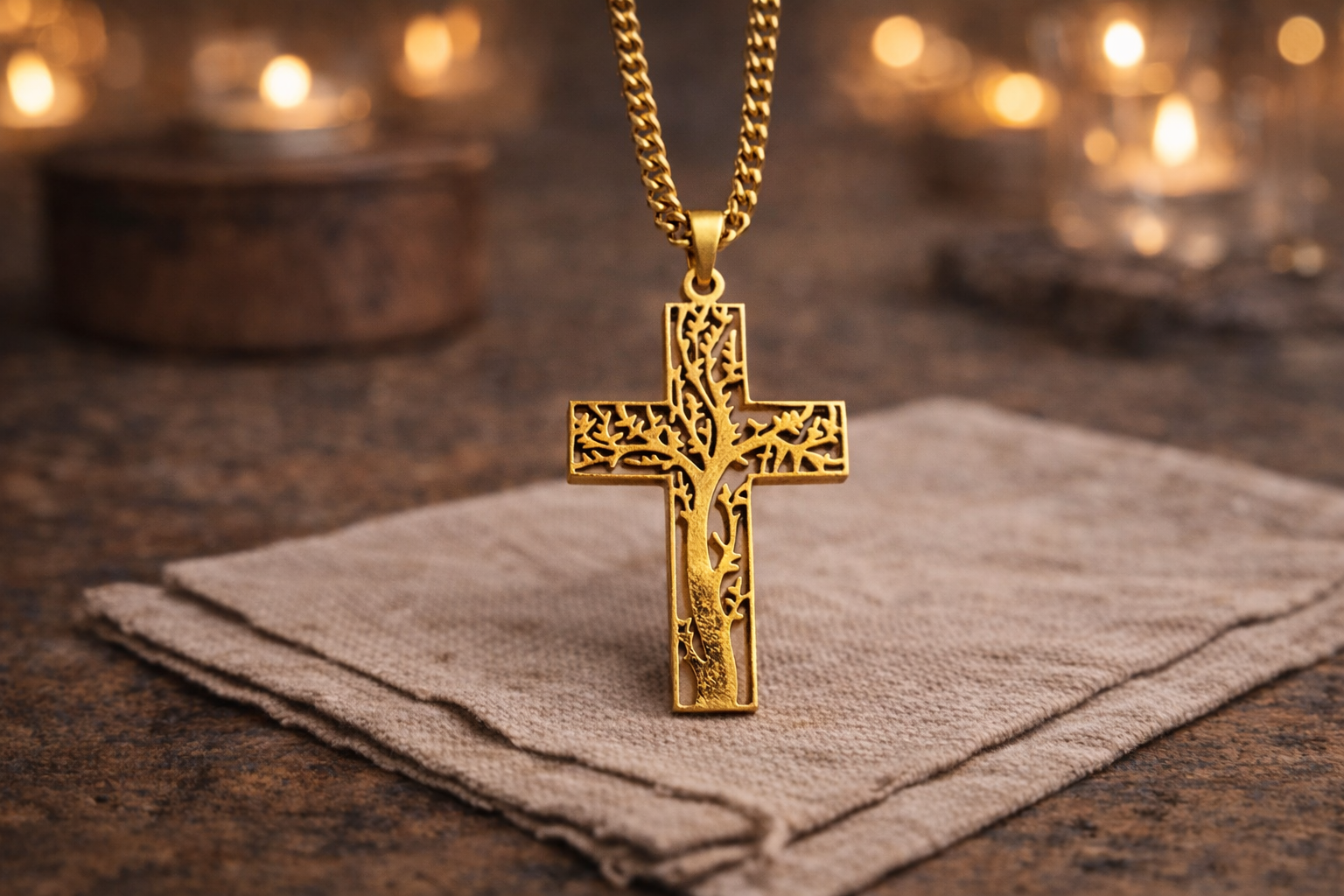 Collier Croix Arbre de Vie Doré – Chaîne Acier Inoxydable 56 cm