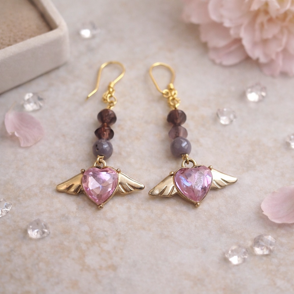 Boucles d’oreilles cœur ailé rose – tige en acier inoxydable (stainless steel)