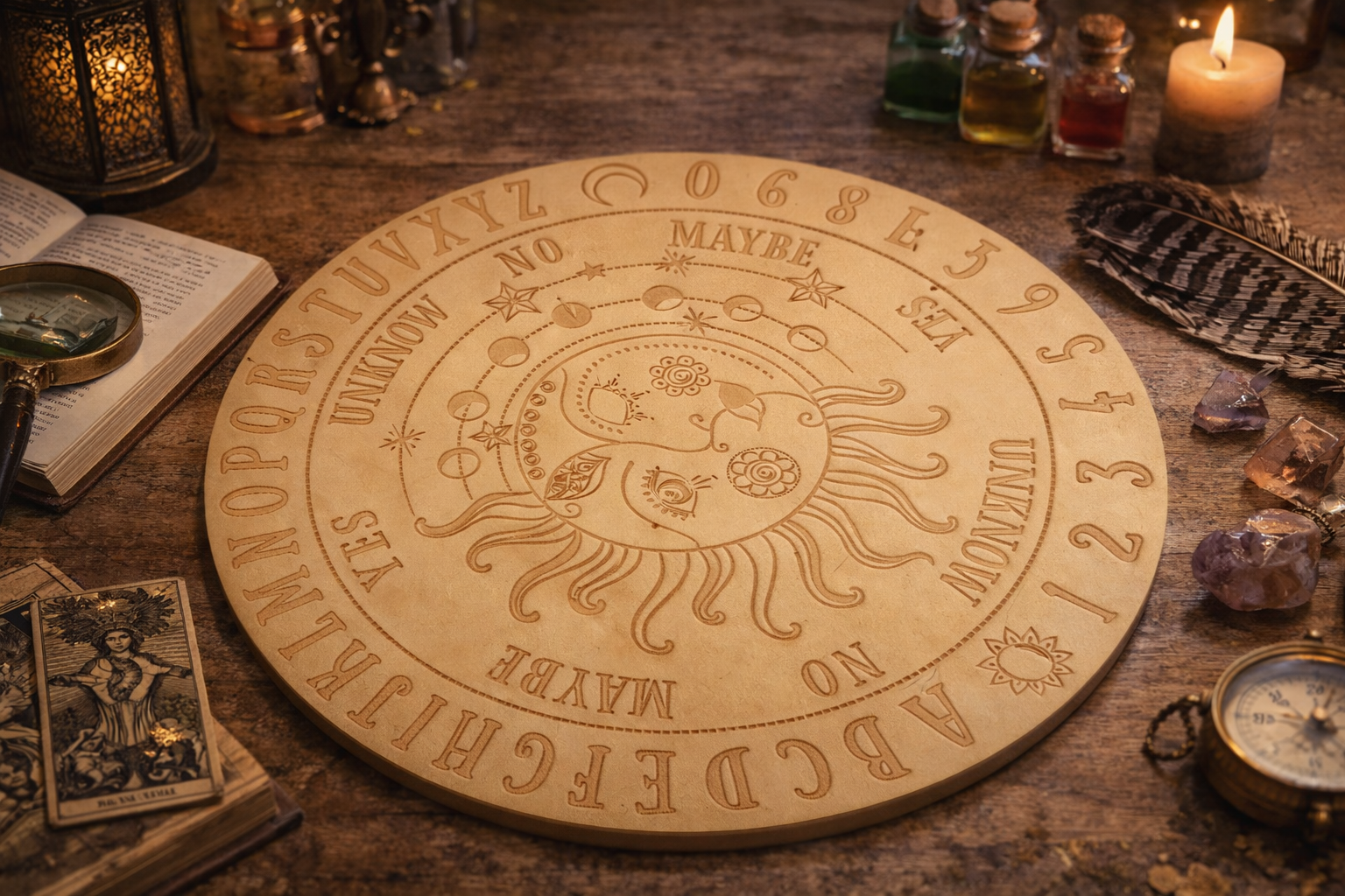 Planche pendule spirituelle soleil & lune – Support divination 15 x 15 cm