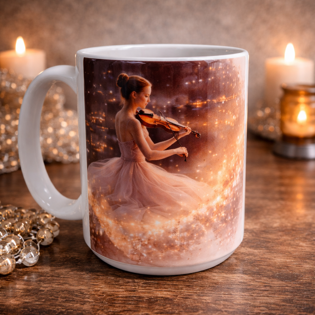 Tasse artistique « Elle transforme le silence en lumière dorée » – 15 oz