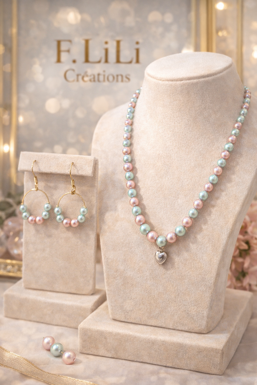 Collier perles pastel avec pendentif cœur – chaîne stainless 43 cm